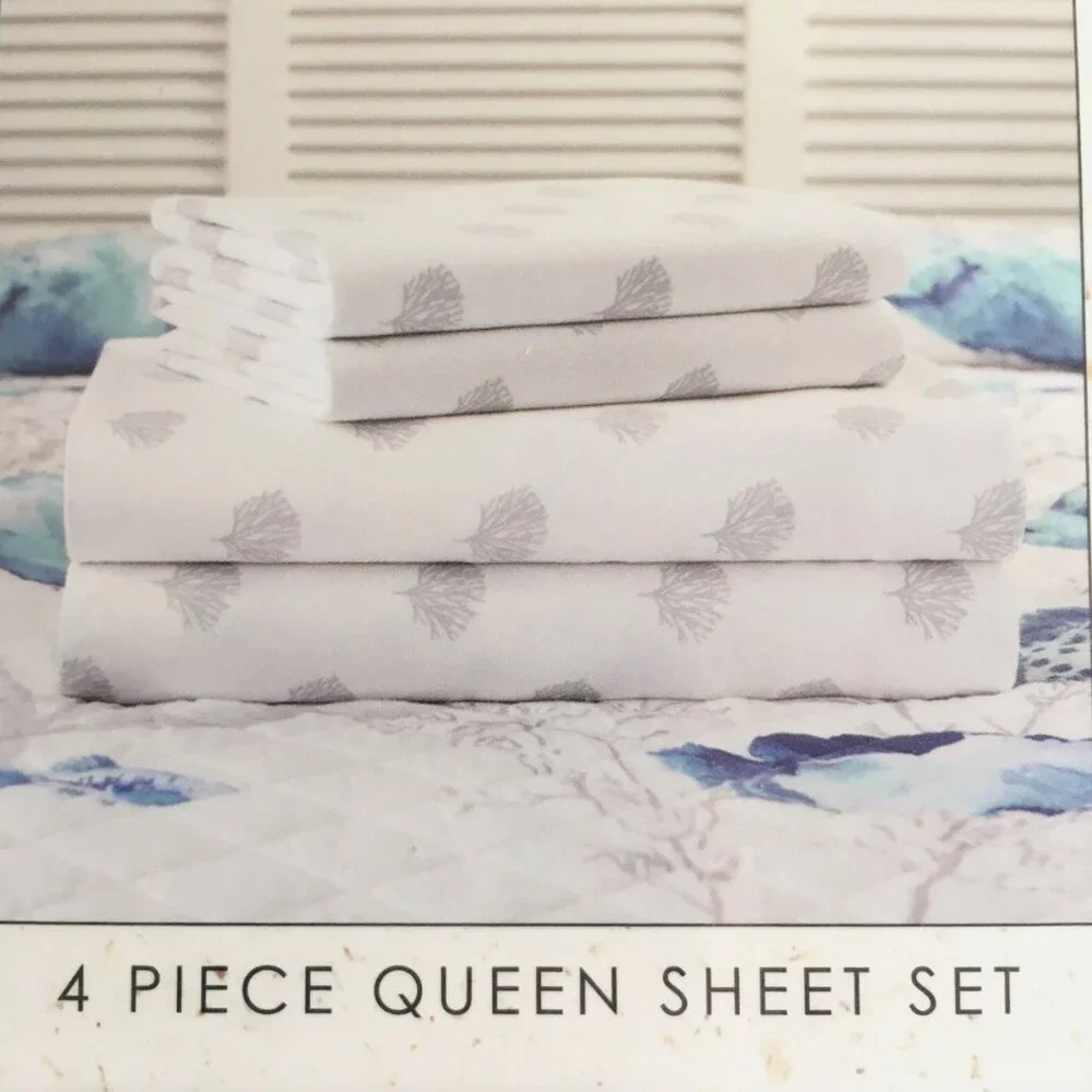 9pc Nicole Miller Blue Fish Coral Ocean QUEEN Quilt Set Sham Sheet Throw Pillow